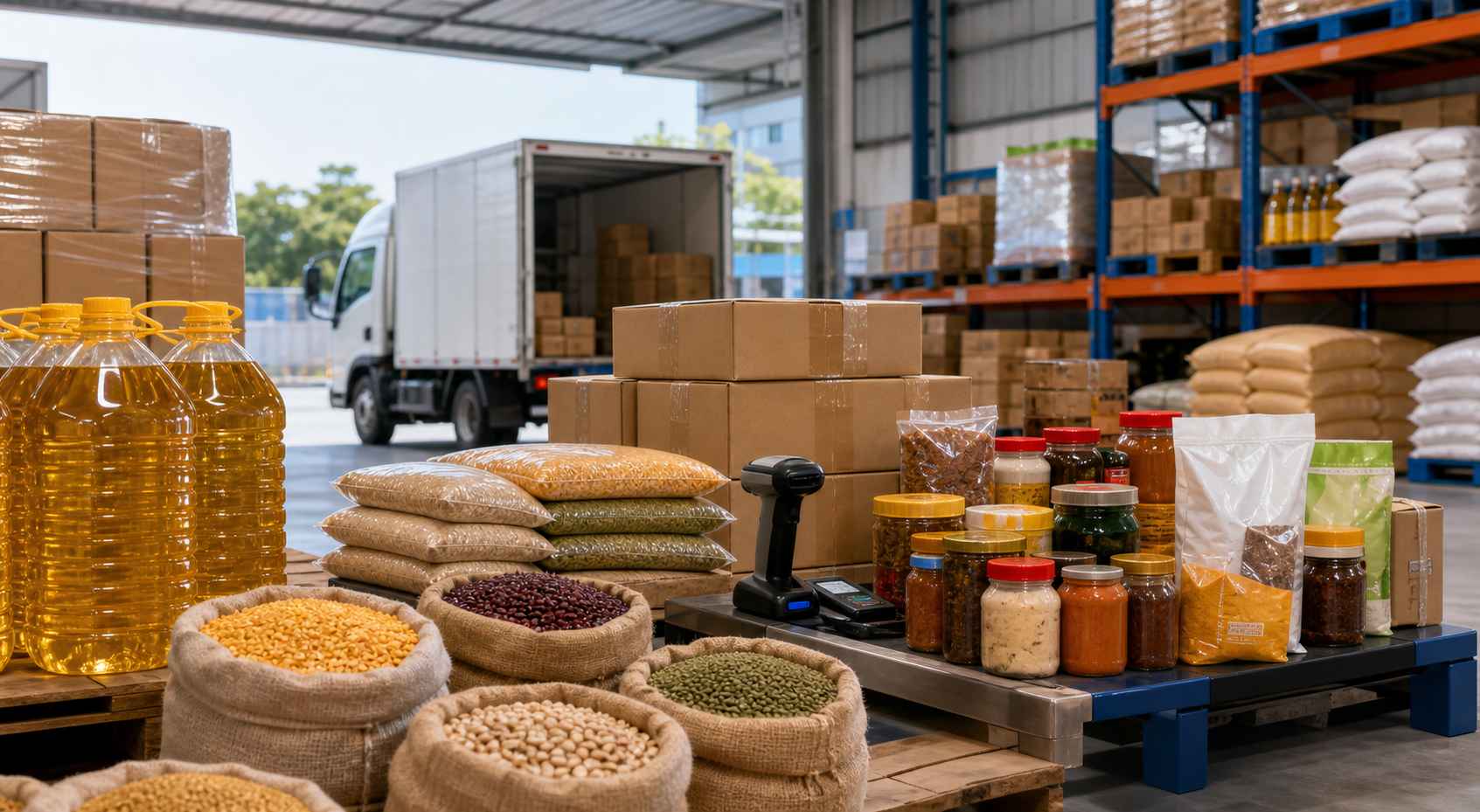 Dispatch bay with edible oils and food essentials ready for distribution